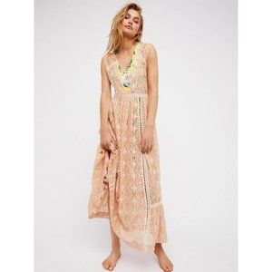 Free People Shine On Peach Lace Sequin Sheer Midi Dress Sz L (NO BODYSUIT)